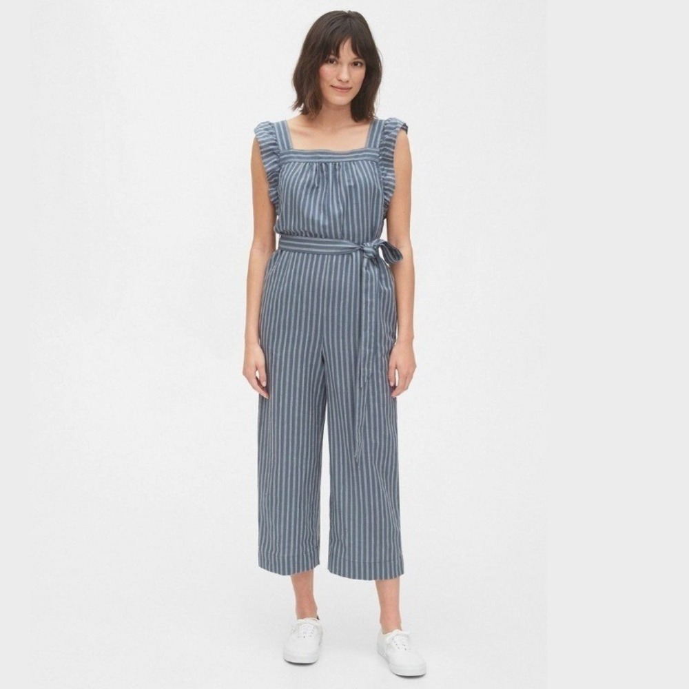 GAP Women's Size 8 TALL Ruffle Sleeve Jumpsuit Linen Wide Leg Belted Coastal NEW